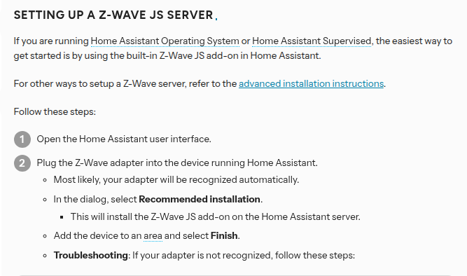Screenshot of Z-Wave integration documentation