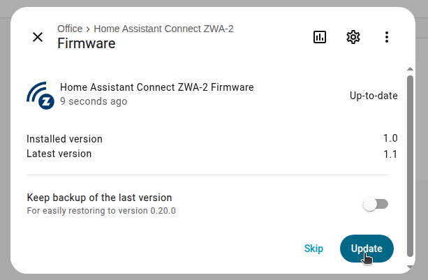 Screenshot of an Z-Wave update notification in Home Assistant