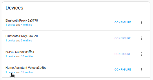 Screenshot showing the device list of the ESPHome integration