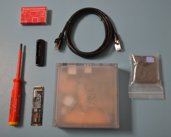 Home Assistant Yellow with Ethernet cable, NVMe M.2 SSD drive, and No. 1 hex screwdriver