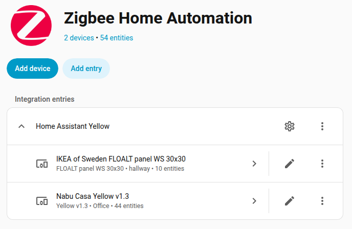 Screenshot of Zigbee integration card